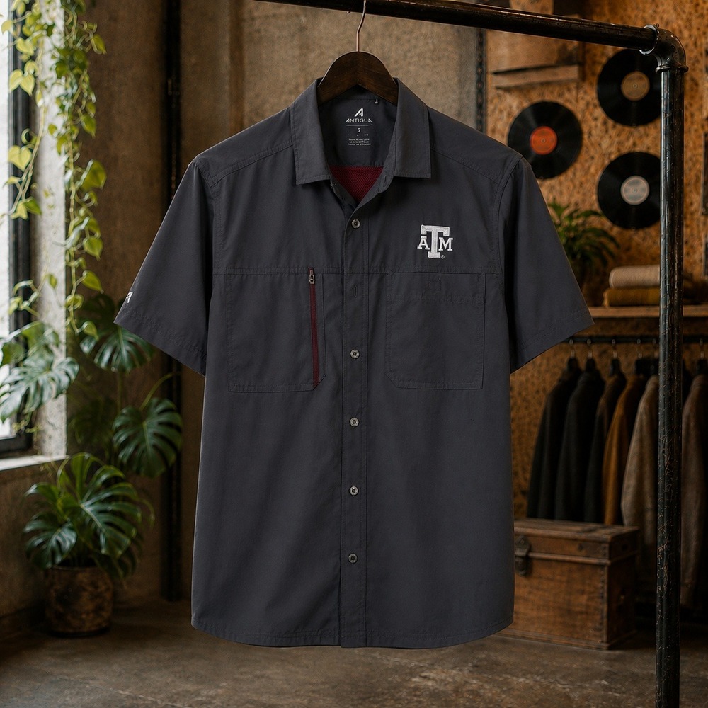 Antigua Texas A&M Aggies Short Sleeve Button Down Shirt Grey Mens Small